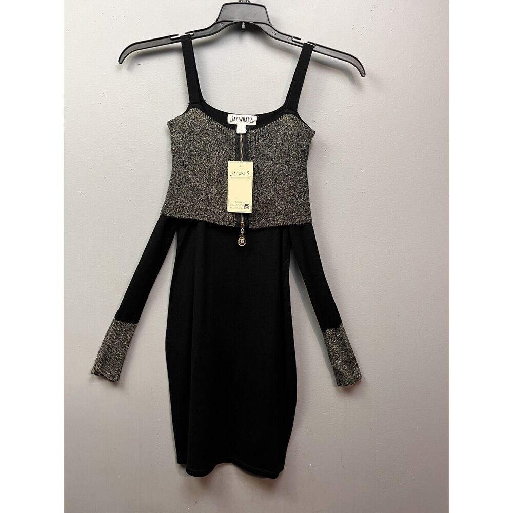 Say‎ What Ribbed Knit Bodycon Dress Womens Small Black Silver Sparkle Zip NEW